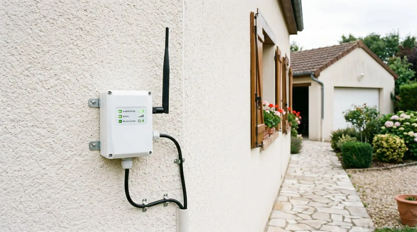 Répéteur radio monté sur façade extérieure pour étendre la portée du système d'alarme vers les dépendances