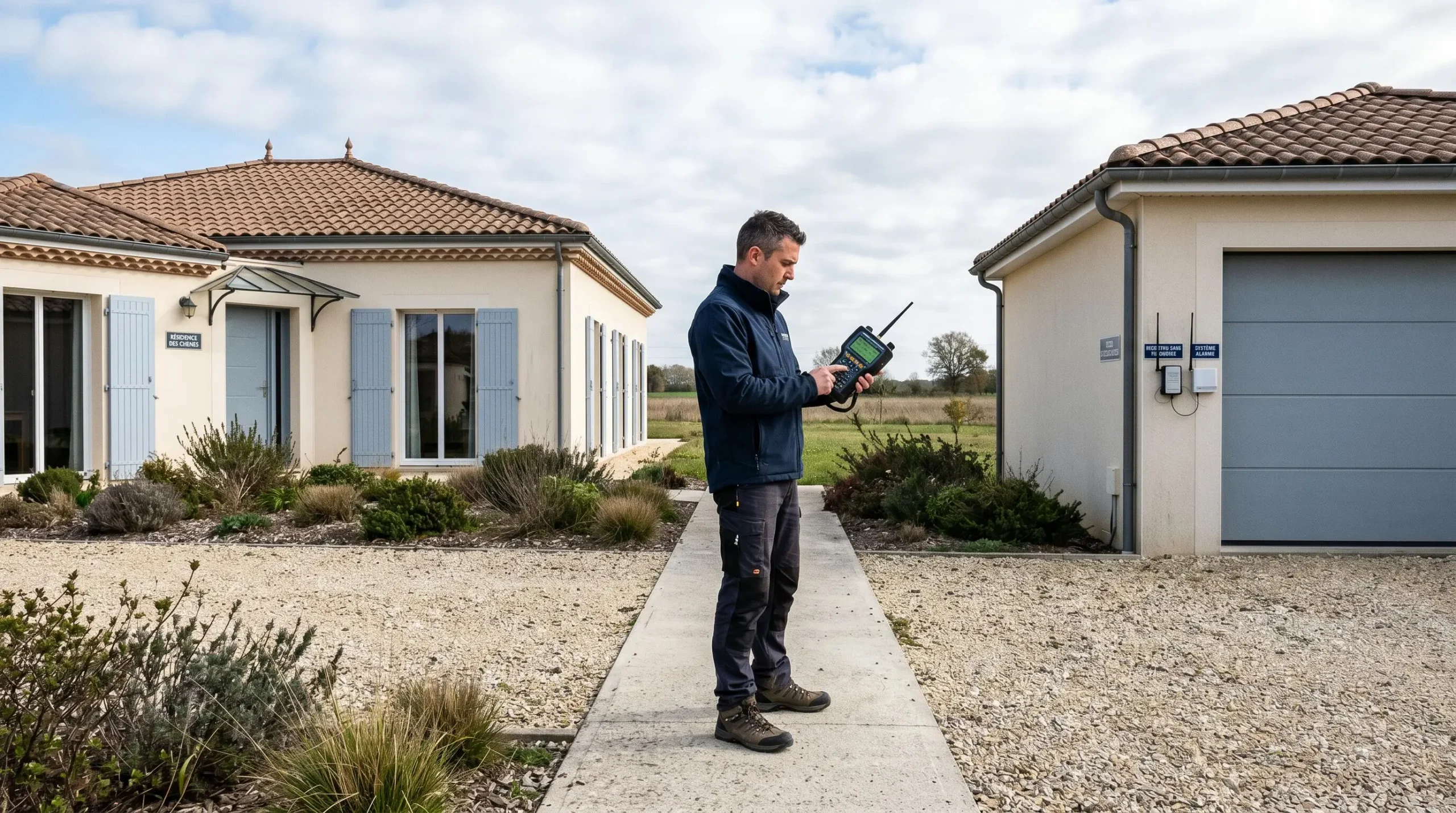 Technicien utilisant un testeur de signal radio pour vérifier la portée de communication entre la maison principale et le garage détaché
